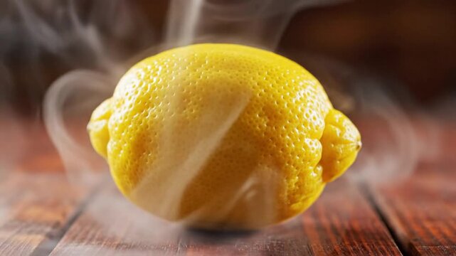 Lemon being treated with liquid nitrogen, forming white vapor, creative culinary art concept