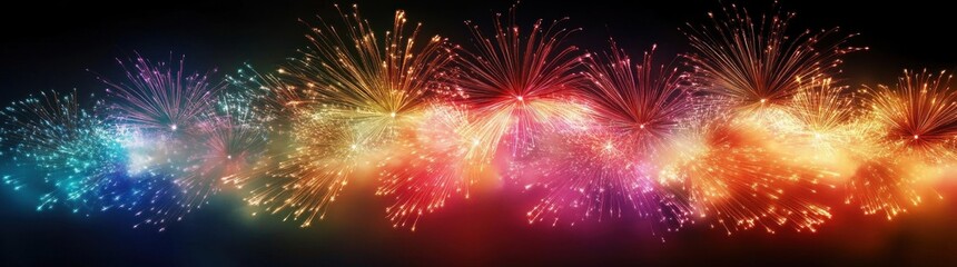 Obraz premium panoramic row of multicolored fireworks bursting across a dark night sky with glowing sparks and smoke, evoking joyful celebratory excitement