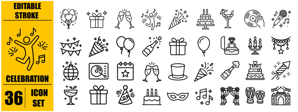 Celebration icon set. Party related line icons: celebrate, birthday, event, happy new year, dancing, fireworks, cheers, gift, invitation, wedding and more. Editable stroke. Vector illustration.