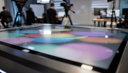 Obraz premium Focused image on a control desk touchscreen interface managing various live show feeds with the rest of the studio and operators out of focus in the background.