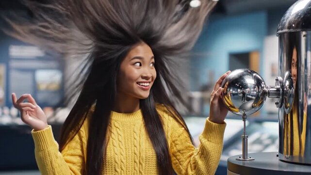Female Visitor Joyfully Reacts During Electrostatic Shock Experiment Demonstration. Excited Woman Explores Fascinating Effects Of Static Electricity At Science Exhibit With Delight
