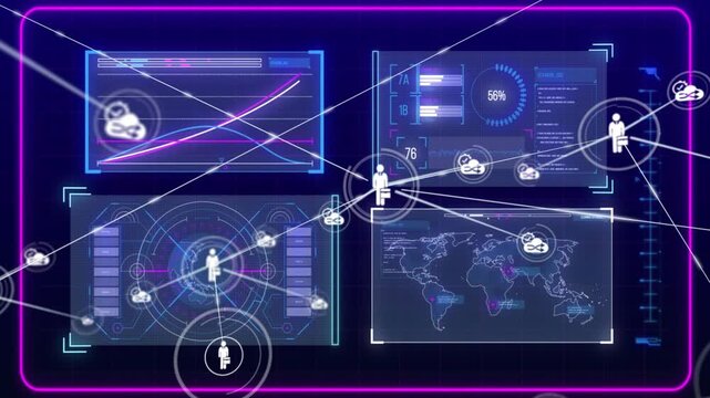 Central silhouette appearing, sending lines to clouds, updating metrics and showing network growth