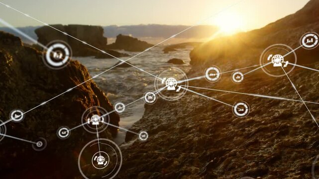 Initial white node appearing on wet rocks, HUD nodes multiplying and connecting, visualizing tech