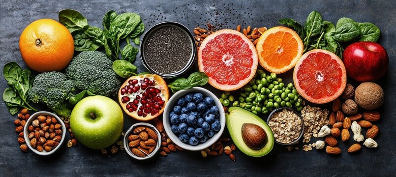 A colorful top down spread of fresh fruits and vegetables with nuts seeds grains citrus halves berries avocado greens and bowls of chia and almonds