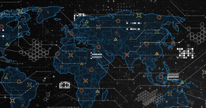Translucent blue world map outline expanding, populating with HUD overlays showing tech data flow