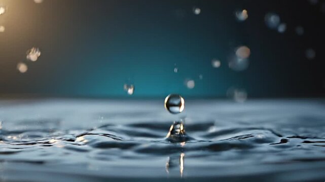 A single water droplet hovers suspended above rippling clear water surface with sunlight reflecting on it