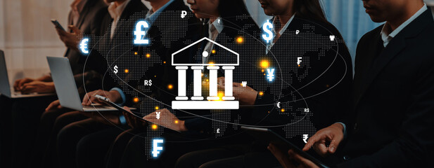 Business Individuals Engaged in Financial Technology with Currency Symbols and Bank Icon...