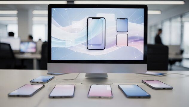 Focused view of a computer screen running automation workflows to configure multiple phones simultaneously with a blurred office background.