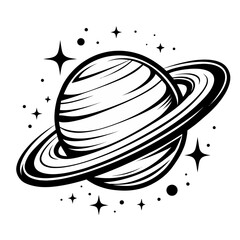 Monochrome vector illustration of the majestic ringed planet Saturn, depicted as a celestial body surrounded by twinkling stars, perfect for space exploration and cosmic graphic designs © GFXShani1