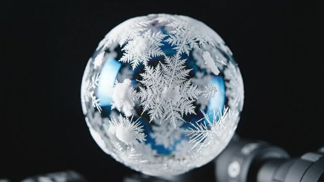 Magical transformation of a soap bubble into a crystallized snowflake masterpiece with a stunning burst against a black backdrop