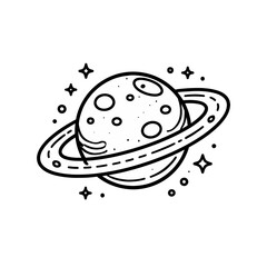 Whimsical hand-drawn cosmic illustration of a ringed planet with sparkling stars, perfect for space-themed designs, astronomy education, and children's creative projects