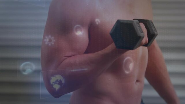 Shirtless man initiating curl by lifting hexagonal dumbbell in garage, holo gears tracking fitness