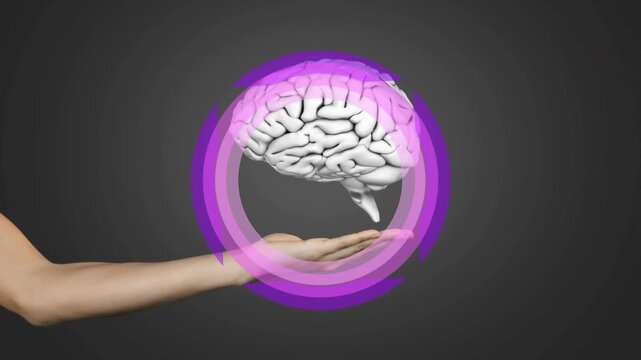 Rotating purple ring pulsing or stabilizing arm entering holding floating 3D brain growing for demo