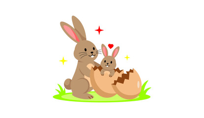Obraz premium Cute Mother Easter Bunny With Baby Rabbit Hatching From Egg Cartoon Vector Illustration 