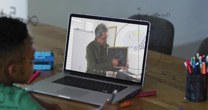 Teacher on laptop pointing triangle, causing child writing math while equations overlaying