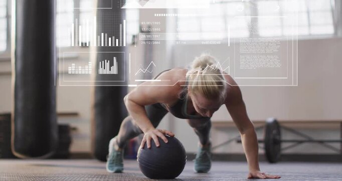 Woman starting plank on medicine ball, doing alternating pushups for fitness with HUD overlaying
