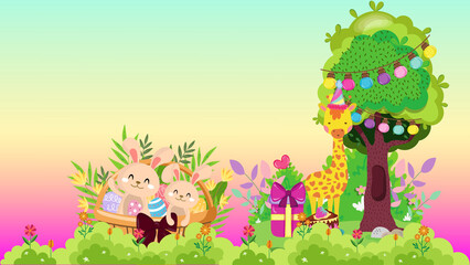Obraz premium Whimsical Springtime Celebration Adorable Bunnies and a Festive Giraffe Amidst Blooming Nature