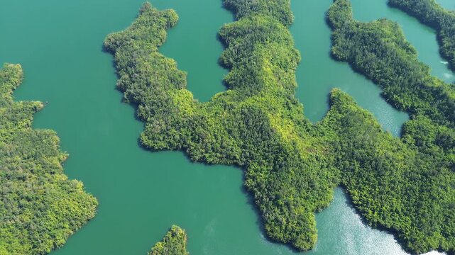 Drone vertical pan from low angle to horizontal view, revealing Ta Dung Lake with lush green islands in Dak Nong, Central Highlands Vietnam. Scenic tropical aerial view.