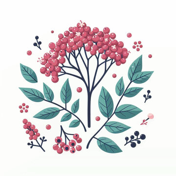 Stylized botanical illustration of a pink berry tree with decorative teal leaves and branches.