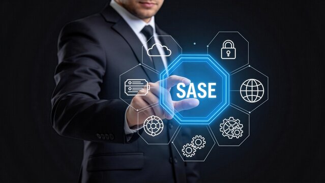 Business executive presenting SASE concept on virtual interface,secure access service edge architecture,cybersecurity and cloud network protection strategy for enterprise