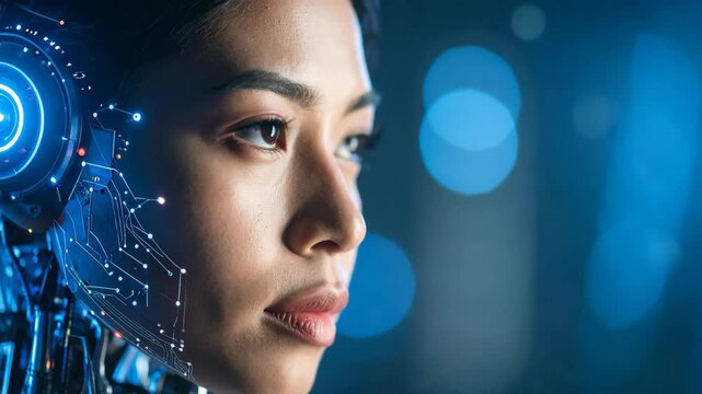 Close up of a female cyborg with blue glowing circuits and robotic enhancements in a dark futuristic environment