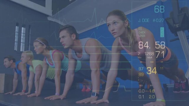 Five exercisers holding plank on raised mat, fitness trackers sending data, ECG guiding intensity