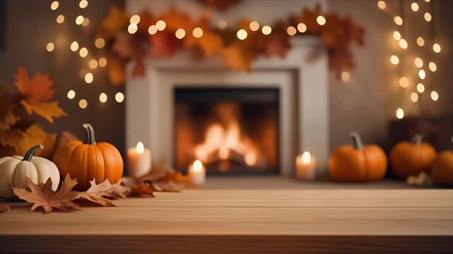 Cozy Autumn Fireplace Decor with Pumpkins and Warm Fairy Lights in Soft Focus