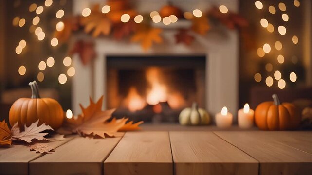 Cozy Autumn Fireplace with Pumpkins and Fall Leaves, Warm Bokeh Lights