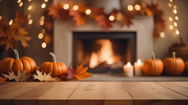 Cozy Autumn Fireplace with Pumpkins and Warm Lights
