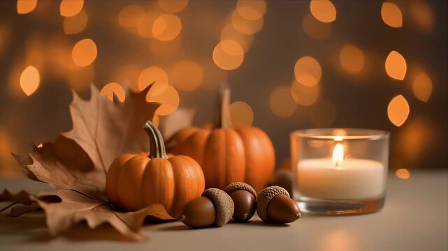 Autumn Harvest Display with Pumpkins, Acorns, and a Lit Candle