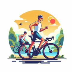 Fototapeta premium Vibrant illustration of a male triathlete running beside his bicycle during a sunny outdoor competition.
