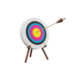 A colorful archery target with an arrow sticking out