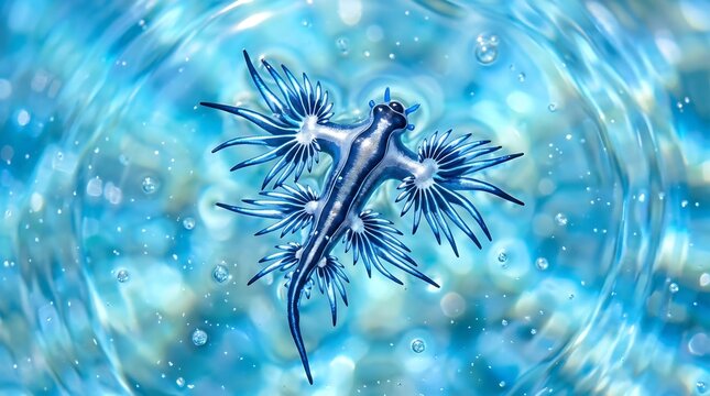 The blue sea slug Glaucus atlanticus floats suspended in bright, rippling blue water with sparkling bubbles.