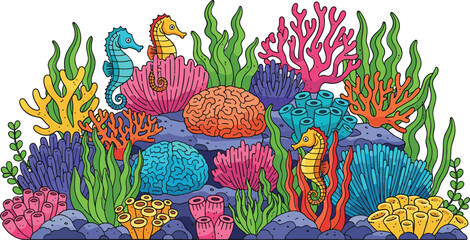 Vibrant Coral Reef with Seahorses, Colorful Coral, Underwater Marine Life, Tropical Ocean Scene, Ocean Ecosystem Illustration for Websites and Print © mstLilima