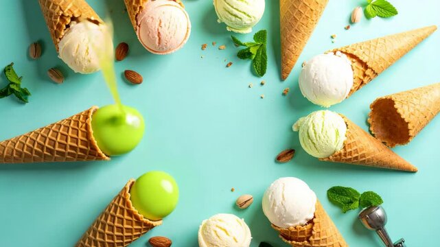 Assorted ice cream scoops in waffle cones with fresh mint and nuts on a turquoise background with green topping pouring