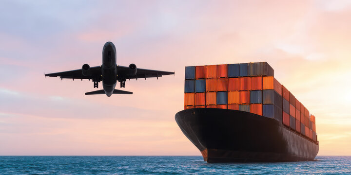 cargo ship loaded with colorful containers sails on the ocean while a plane flies overhead during a sunset.
