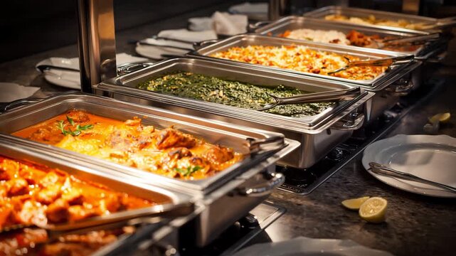ホテルのビュッフェでバターチキンとビリヤニなどのインド料理を提供する様子を撮影、人物なし