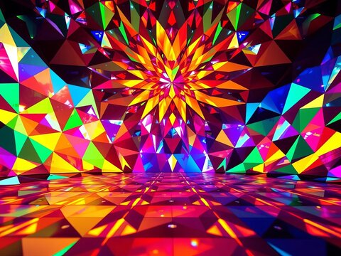 Ebullient chromatic geometry forms a rising spectacle; perspective shifts to reveal ecstatic patterns in a grounded arrangement,  grounded,  low angle