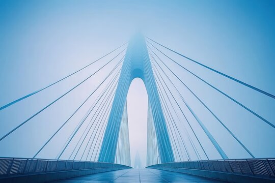 Symmetrical modern cable-stayed bridge with pedestrian walkway and sweeping cables vanishing into mist, a calm blue minimalist scene