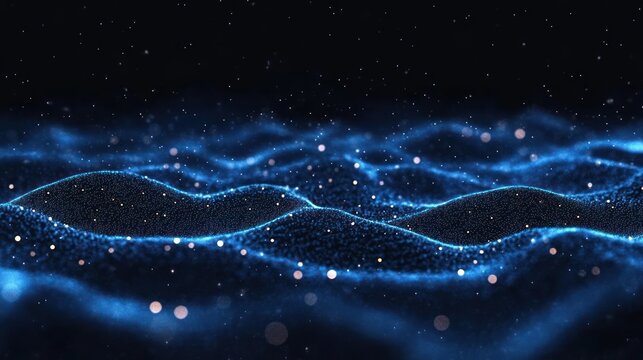 glowing blue particle waves forming an abstract digital landscape with sparkling bokeh on a dark background, serene futuristic atmosphere