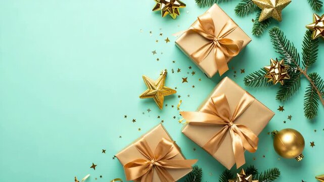 Golden wrapped holiday gift boxes with satin ribbons and festive decorations on a mint green background with copy space