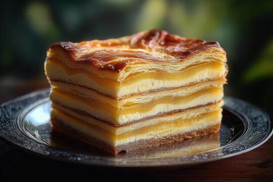 Slice of mille-feuille with golden flaky layers and creamy filling on a silver plate, set against a blurred green background, inviting and indulgent