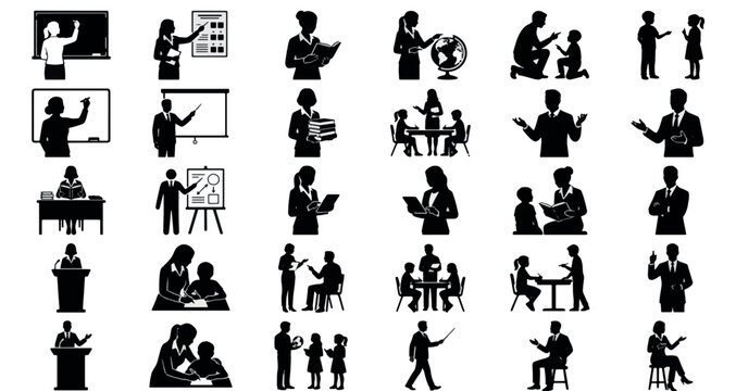 Teachers Classroom Actions Silhouette Set Pack. Editable Vector Illustration. featuring teacher, student, education, silhouette, vector, icon, graphic, design, professional, teaching, classroom more.