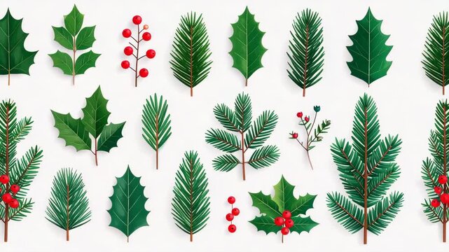 Christmas botanical collection with green pine needles holly leaves and red berries on white background