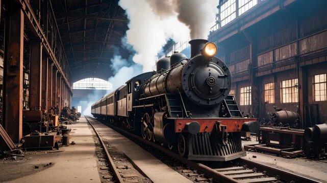 Vintage steam locomotive emitting thick white smoke inside a large industrial train depot workshop with steel beams