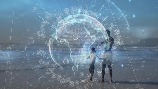 Vertical video: HUD appearing, dad in tank guiding barefoot son reaching sea for safety, copy space