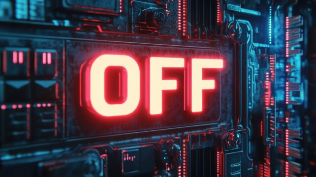 Glowing red off sign on dark electronic circuit board. Digital hardware shutdown concept. Cyber security threat or system failure computer technology background. Tech power button message.