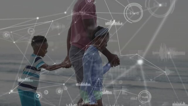 Father holding hands walking with kids on shoreline watching tech HUD nodes growing across trio