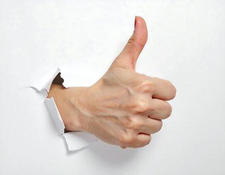 A close-up shot of a human hand giving a thumbs-up gesture, emerging from a torn white surface