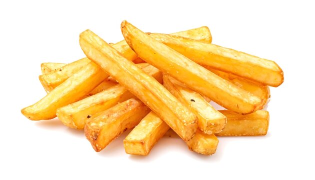 A close-up shot of a pile of golden-brown, crispy potato sticks, lightly salted and piled on a white background